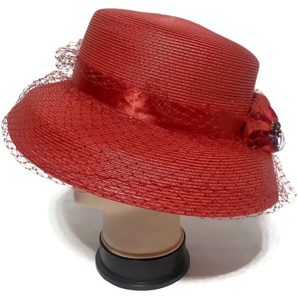 Vintage August Women's Red Derby Hat Polypropylene Dress Hat RN#80934 7x7.5